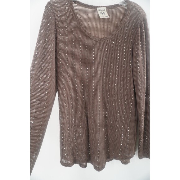 Focal Brown Mesh Knit Beaded Long Sleeve Mesh Knit Beaded Sweater Top Size L - Picture 6 of 10